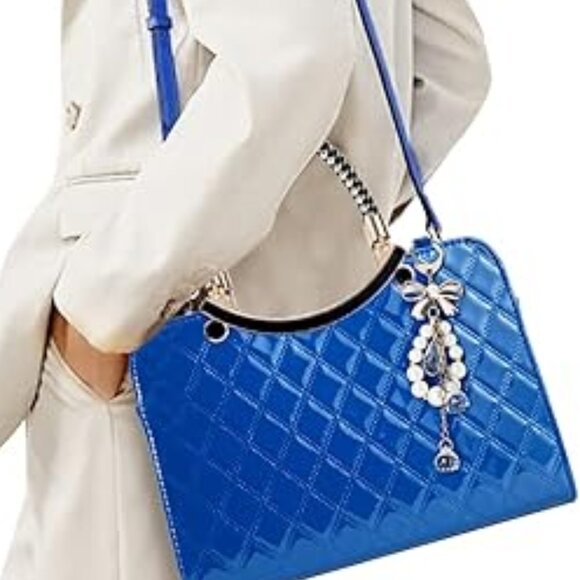 Neiman Marcus Shiny Faux Leather Blue Diamond Pattern Top Handle Purse - Picture 3 of 5